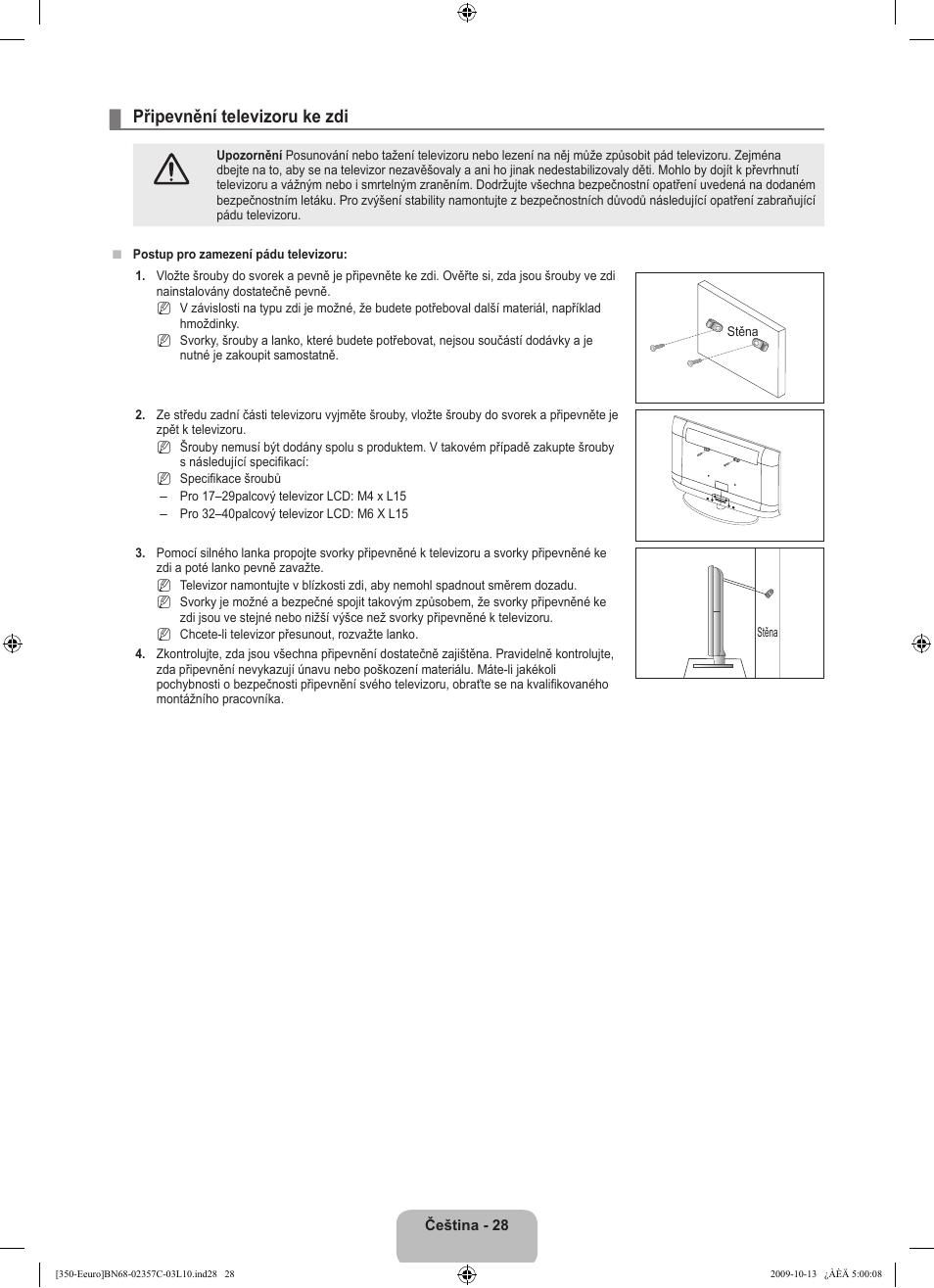 Připevnění televizoru ke zdi | Samsung LE22B350F2W User Manual | Page 234 / 348