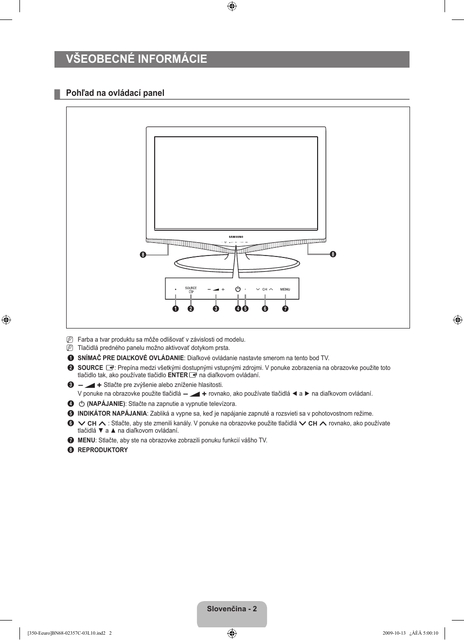 Všeobecné informácie, Pohľad na ovládací panel | Samsung LE22B350F2W User Manual | Page 242 / 348