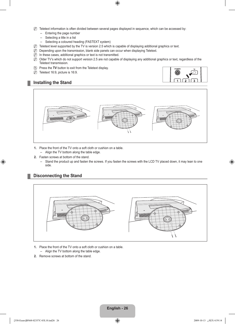 Installing the stand, Disconnecting the stand | Samsung LE22B350F2W User Manual | Page 28 / 348