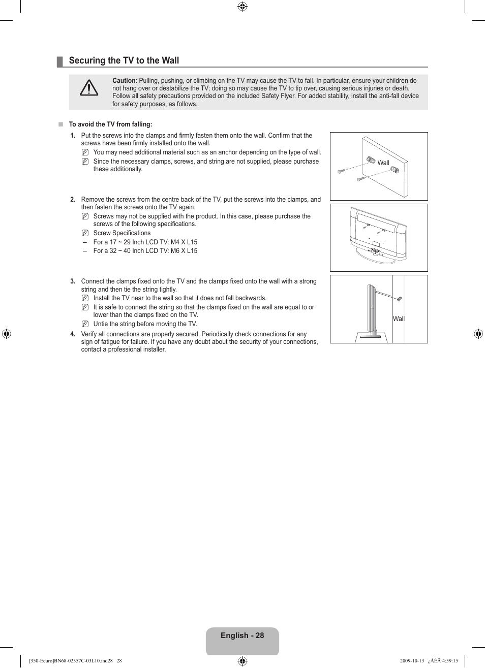 Securing the tv to the wall | Samsung LE22B350F2W User Manual | Page 30 / 348