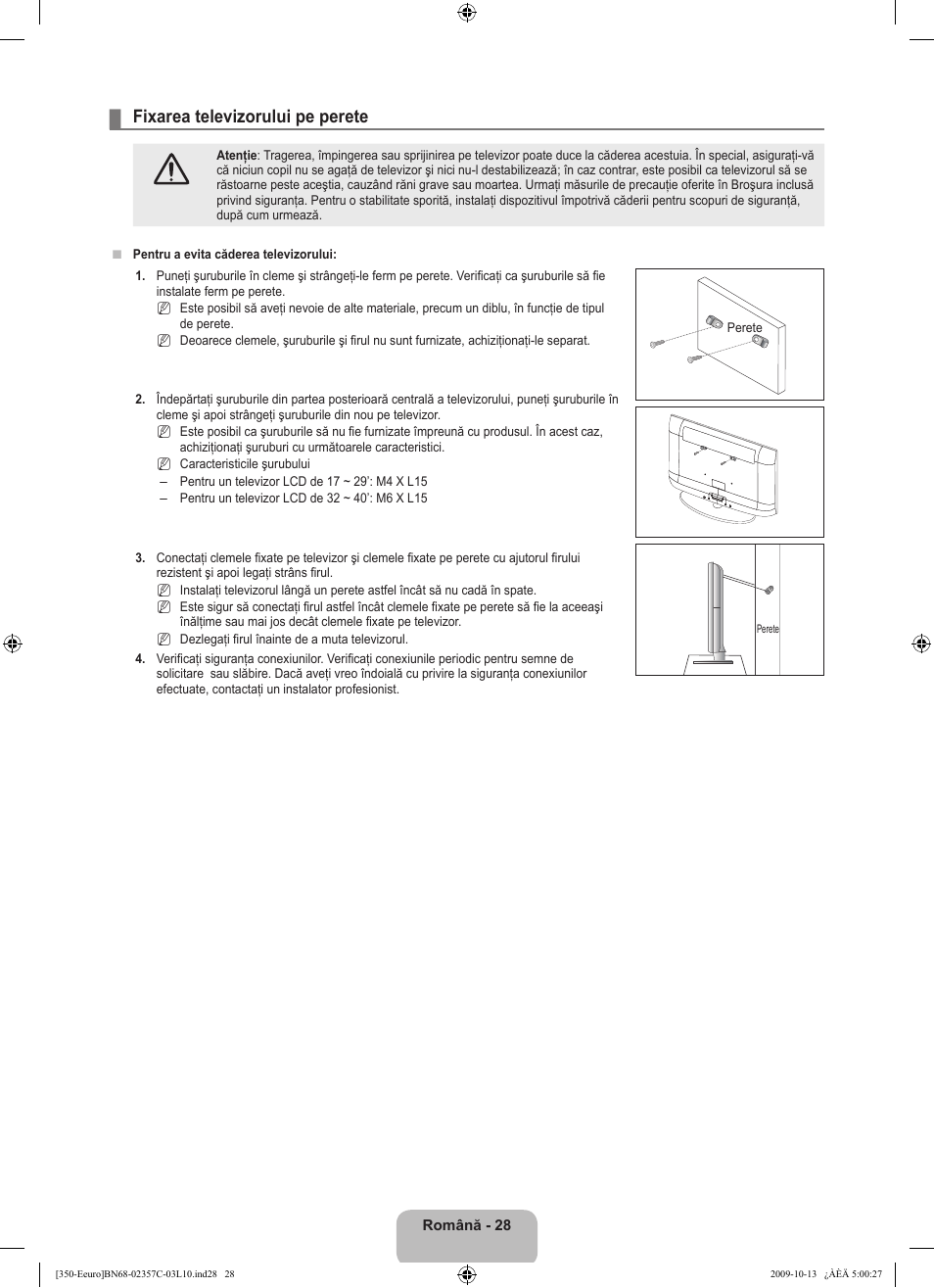 Fixarea televizorului pe perete | Samsung LE22B350F2W User Manual | Page 302 / 348