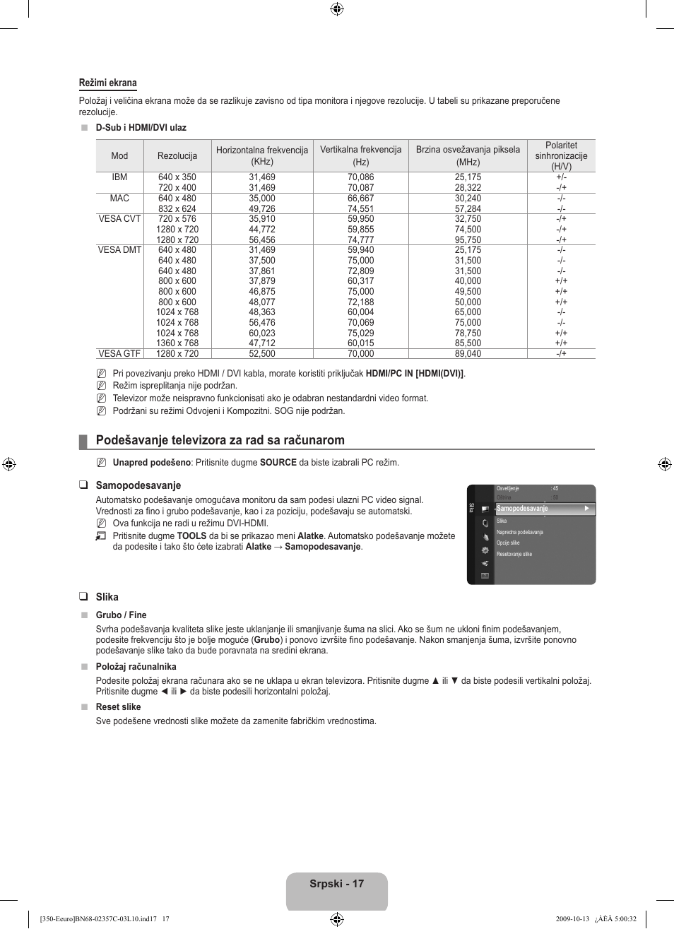 Podešavanje televizora za rad sa računarom | Samsung LE22B350F2W User Manual | Page 325 / 348