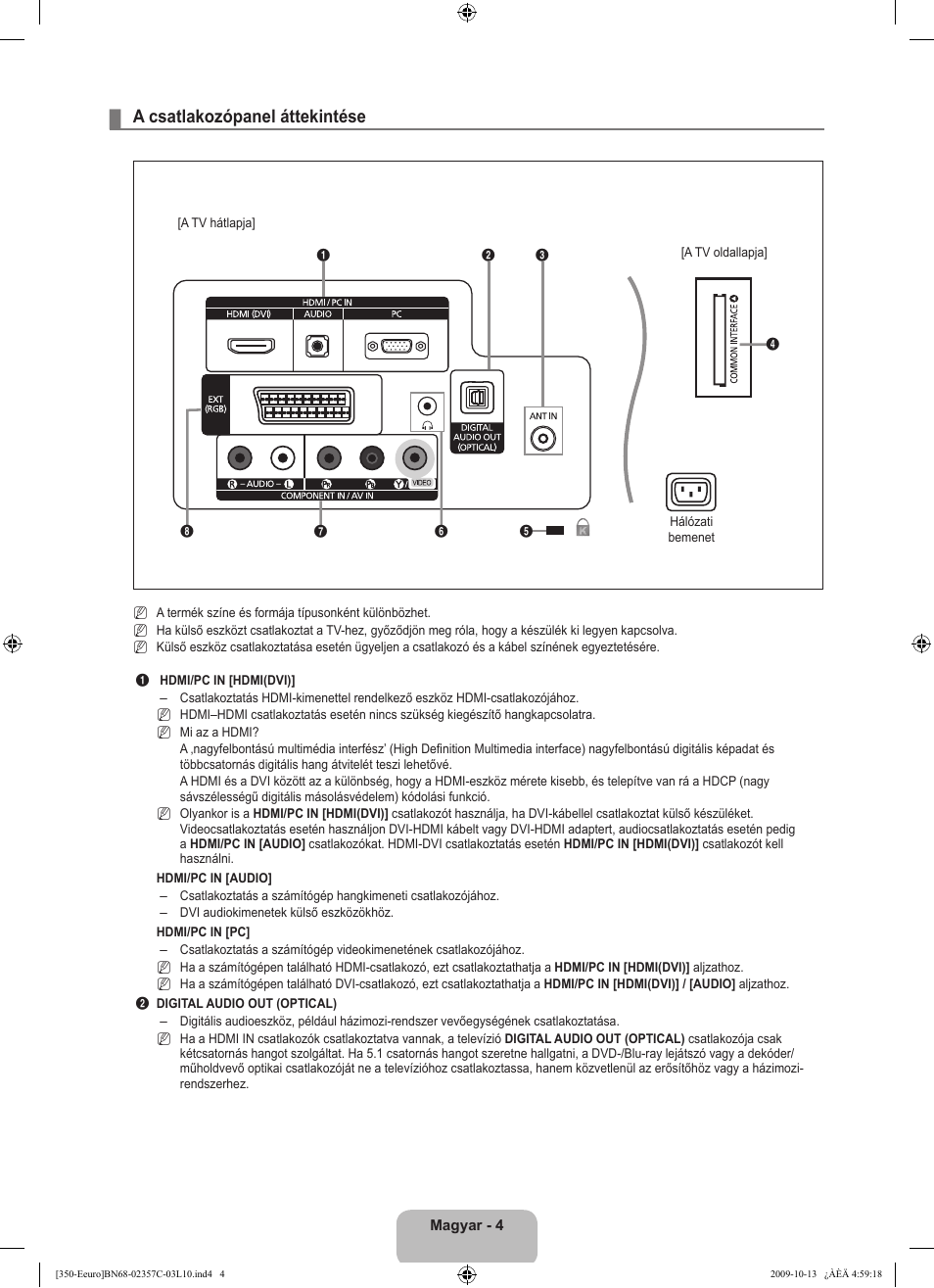 A csatlakozópanel áttekintése | Samsung LE22B350F2W User Manual | Page 40 / 348