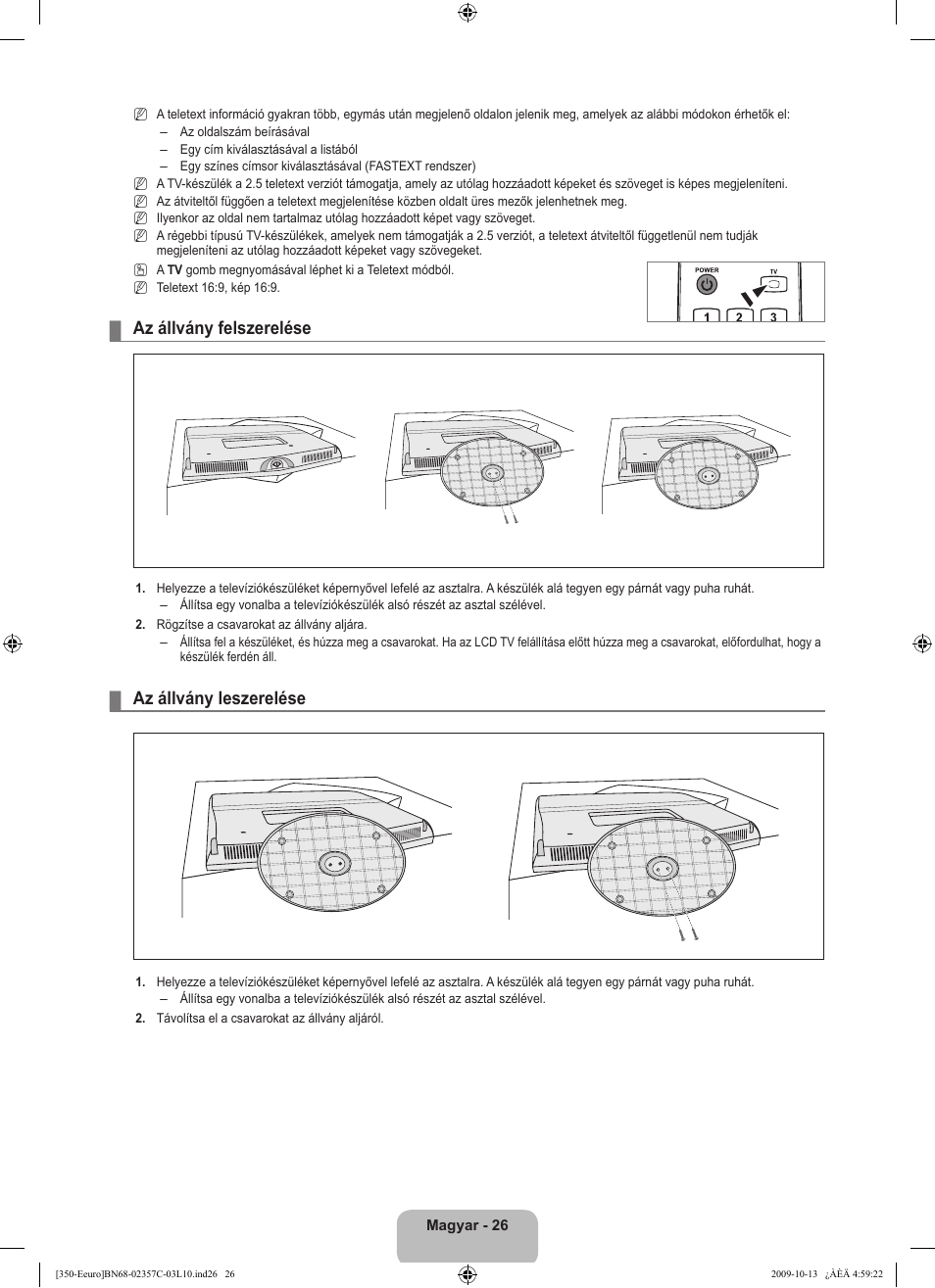 Az állvány felszerelése, Az állvány leszerelése | Samsung LE22B350F2W User Manual | Page 62 / 348