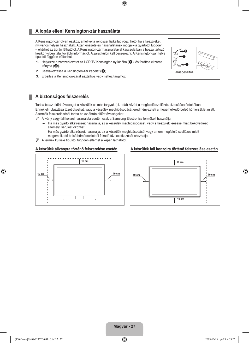 A lopás elleni kensington-zár használata, A biztonságos felszerelés | Samsung LE22B350F2W User Manual | Page 63 / 348