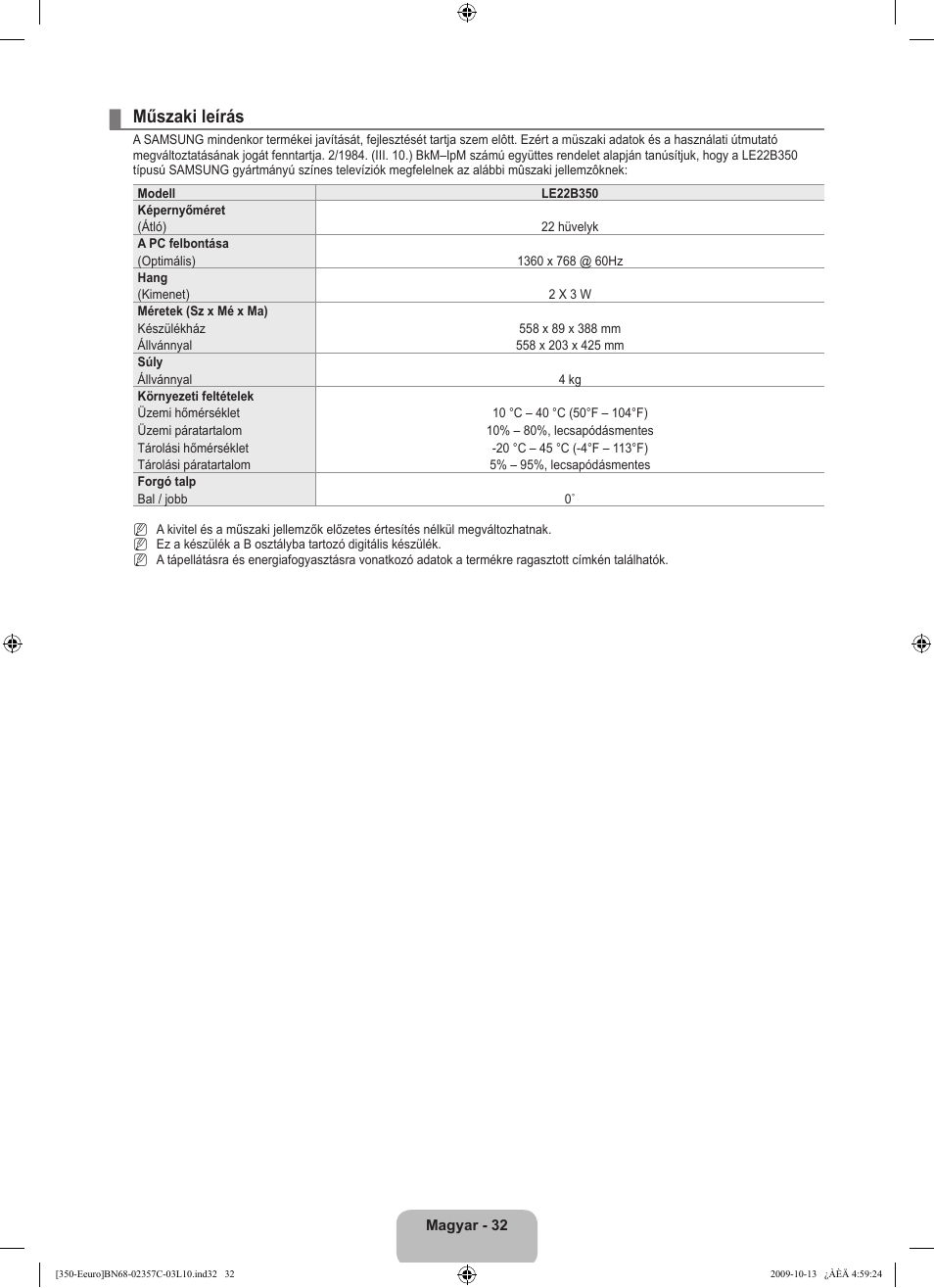 Műszaki leírás | Samsung LE22B350F2W User Manual | Page 68 / 348