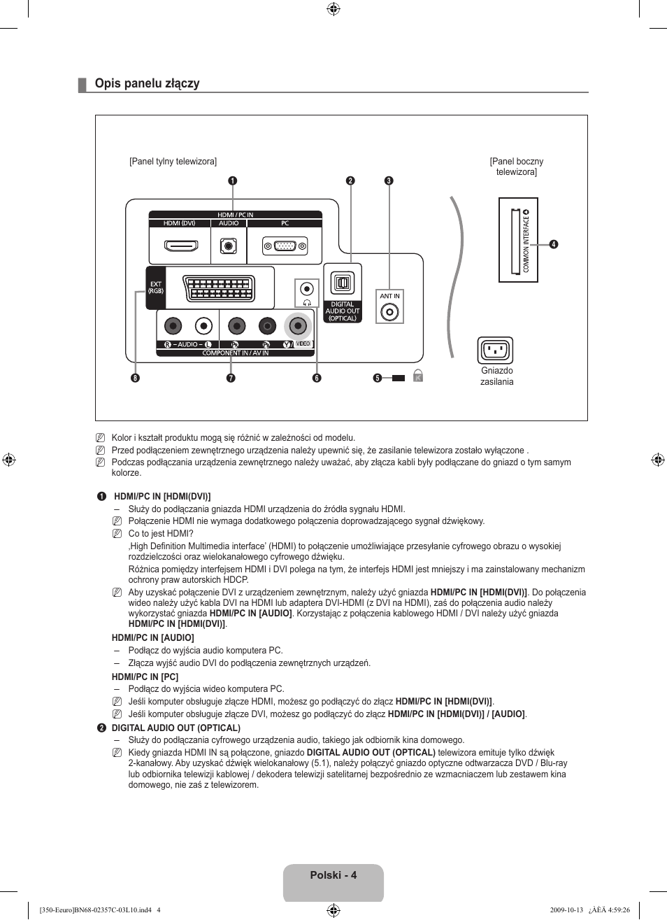 Opis panelu złączy | Samsung LE22B350F2W User Manual | Page 74 / 348