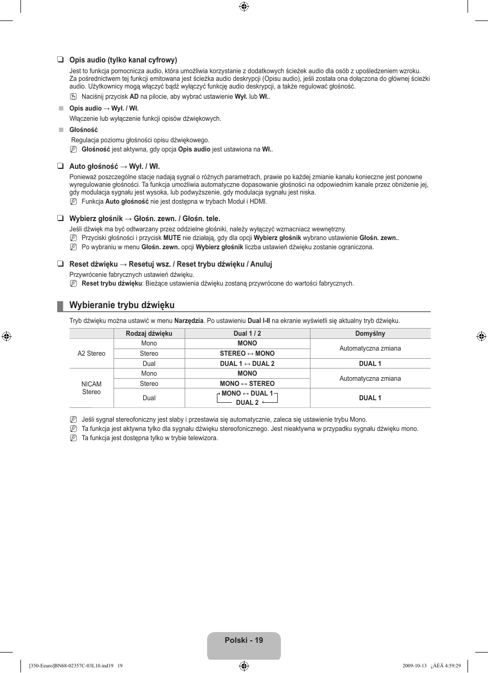 Wybieranie trybu dźwięku | Samsung LE22B350F2W User Manual | Page 89 / 348