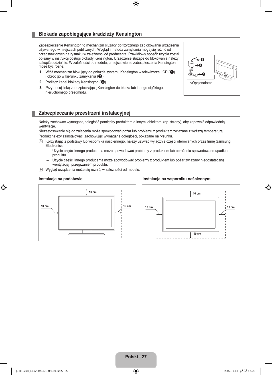 Blokada zapobiegająca kradzieży kensington, Zabezpieczanie przestrzeni instalacyjnej | Samsung LE22B350F2W User Manual | Page 97 / 348