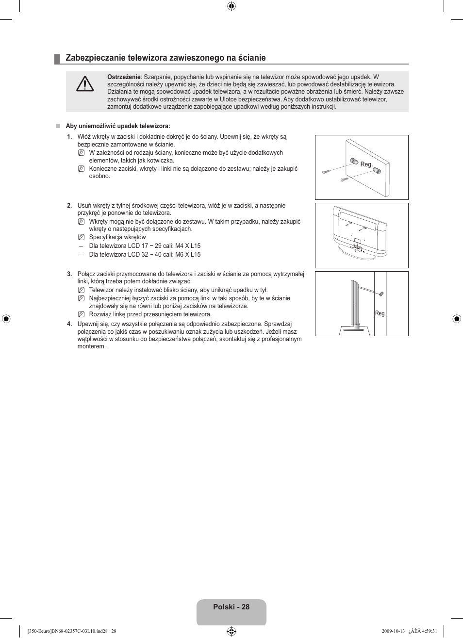 Zabezpieczanie telewizora zawieszonego na ścianie | Samsung LE22B350F2W User Manual | Page 98 / 348