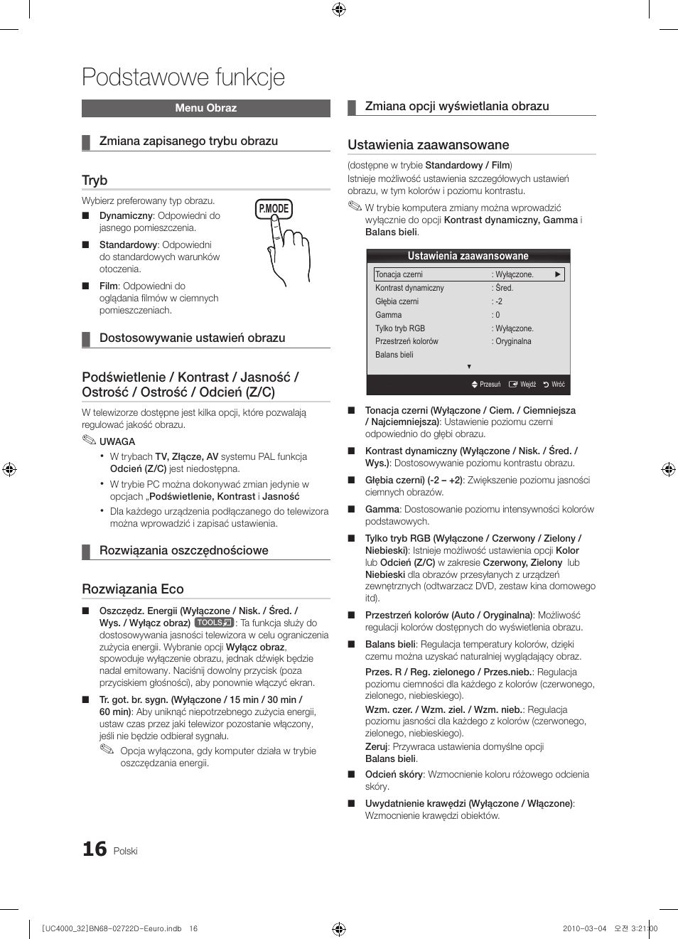 Podstawowe funkcje, Tryb, Rozwiązania eco | Ustawienia zaawansowane | Samsung UE32C4000PW User Manual | Page 104 / 441