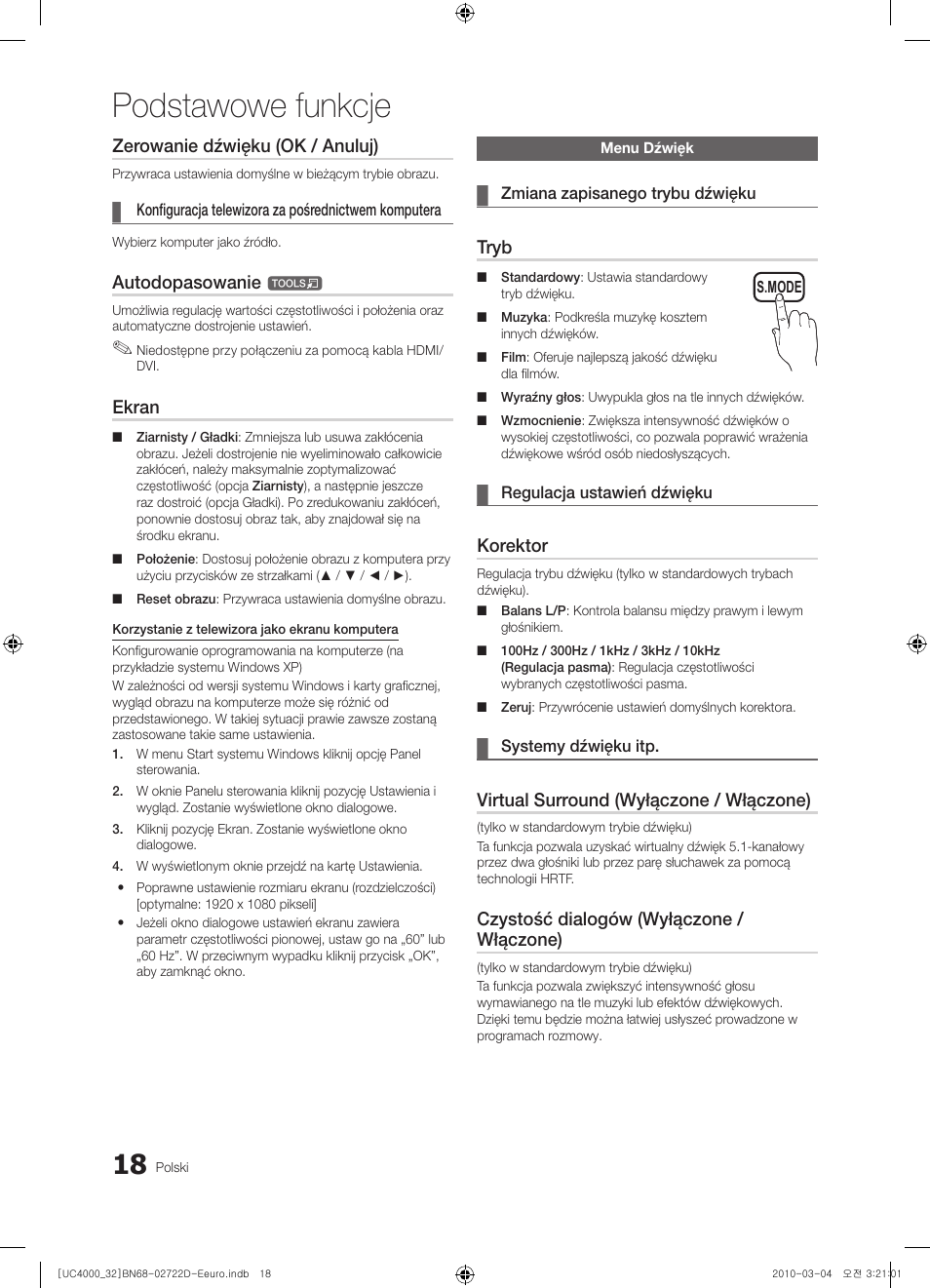 Podstawowe funkcje, Zerowanie dźwięku (ok / anuluj), Autodopasowanie | Ekran, Tryb, Korektor, Virtual surround (wyłączone / włączone), Czystość dialogów (wyłączone / włączone) | Samsung UE32C4000PW User Manual | Page 106 / 441
