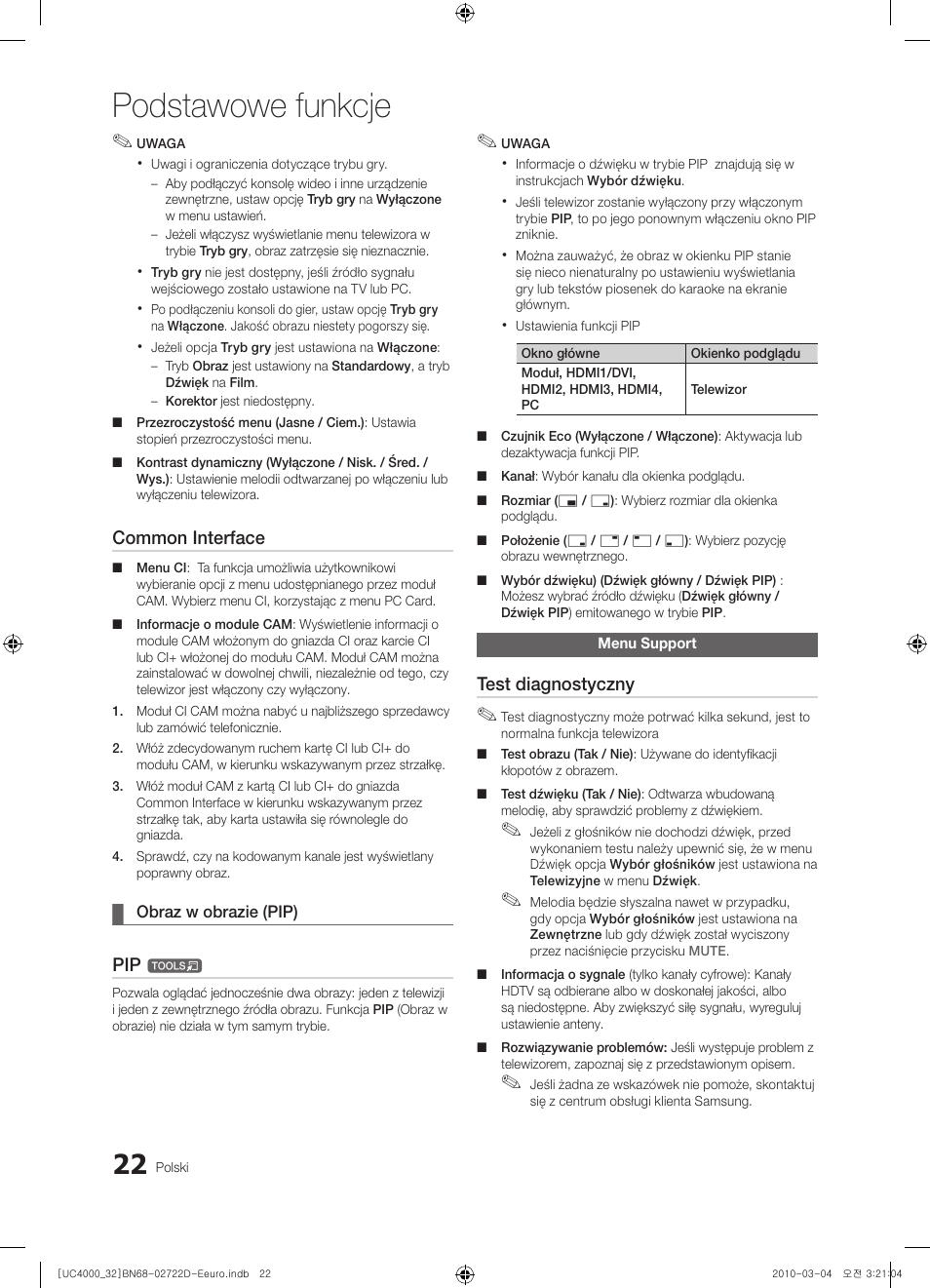 Podstawowe funkcje, Common interface, Test diagnostyczny | Samsung UE32C4000PW User Manual | Page 110 / 441