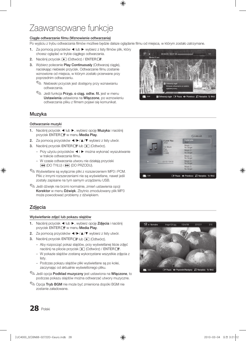 Zaawansowane funkcje, Muzyka, Zdjęcia | Samsung UE32C4000PW User Manual | Page 116 / 441