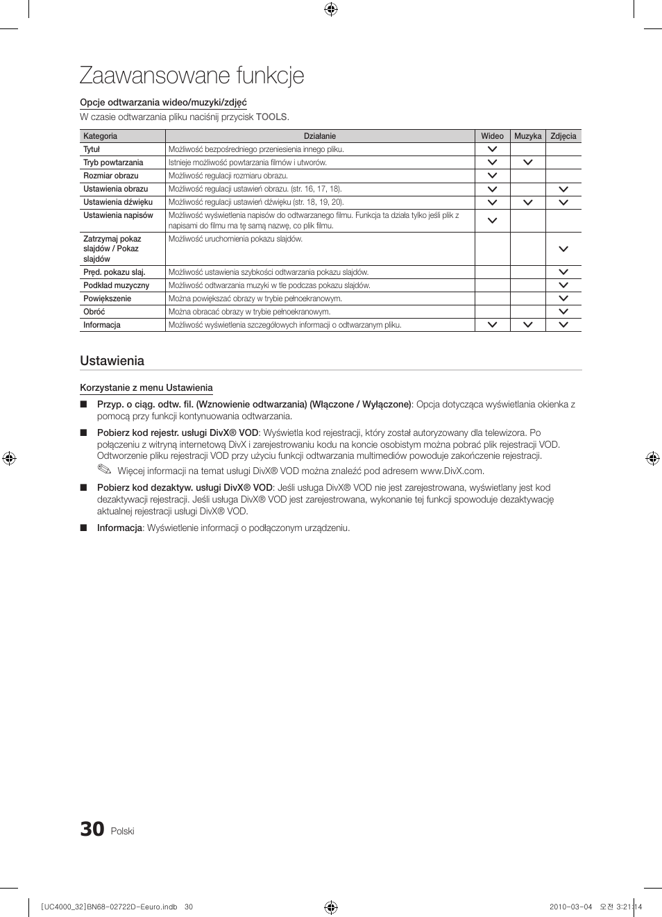 Zaawansowane funkcje, Ustawienia | Samsung UE32C4000PW User Manual | Page 118 / 441