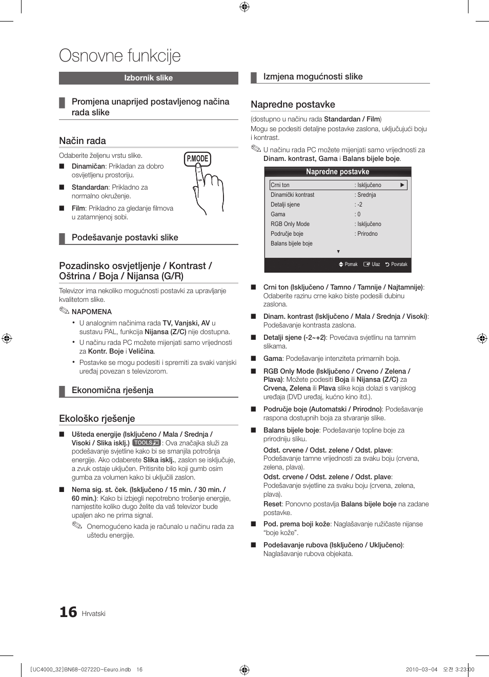 Osnovne funkcije, Način rada, Ekološko rješenje | Napredne postavke | Samsung UE32C4000PW User Manual | Page 236 / 441