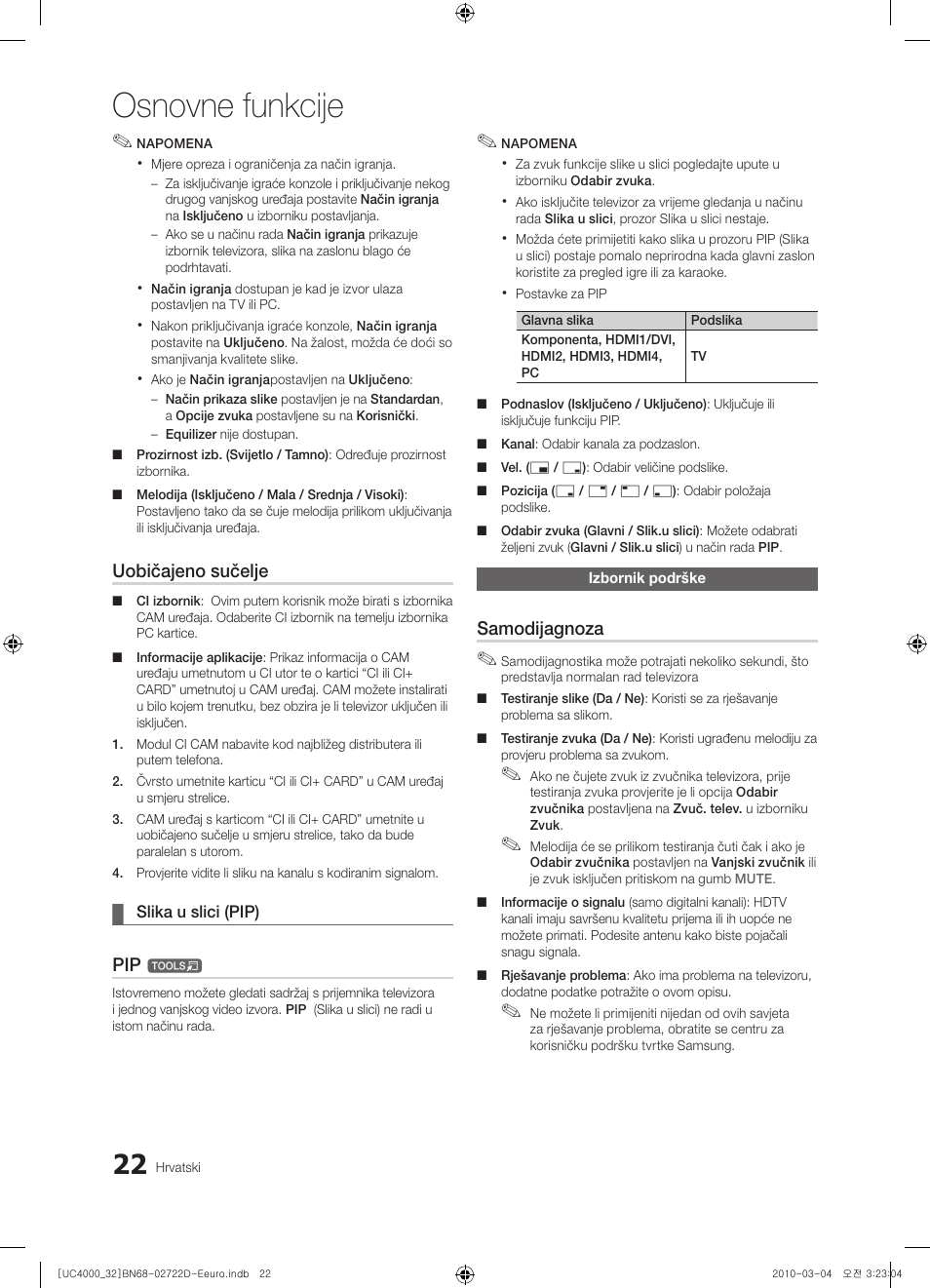 Osnovne funkcije, Uobičajeno sučelje, Samodijagnoza | Samsung UE32C4000PW User Manual | Page 242 / 441