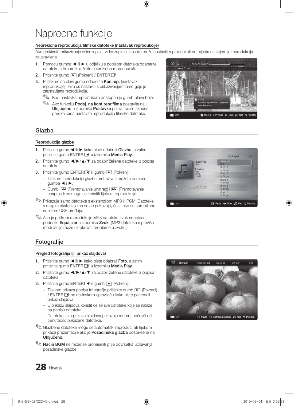 Napredne funkcije, Glazba, Fotografije | Samsung UE32C4000PW User Manual | Page 248 / 441