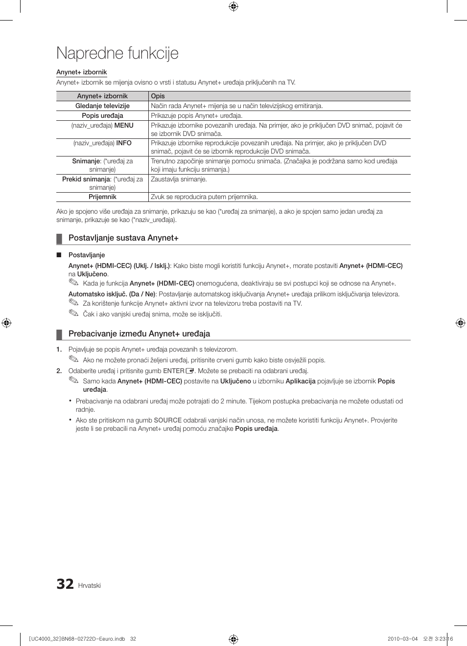 Napredne funkcije | Samsung UE32C4000PW User Manual | Page 252 / 441