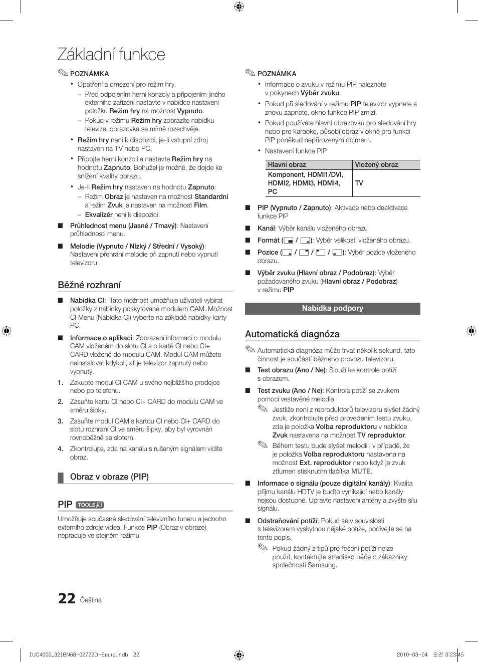 Základní funkce, Běžné rozhraní, Automatická diagnóza | Samsung UE32C4000PW User Manual | Page 286 / 441
