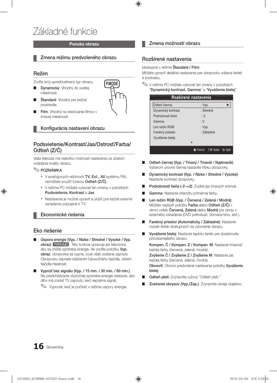 Základné funkcie, Režim, Eko riešenie | Rozšírené nastavenia | Samsung UE32C4000PW User Manual | Page 324 / 441