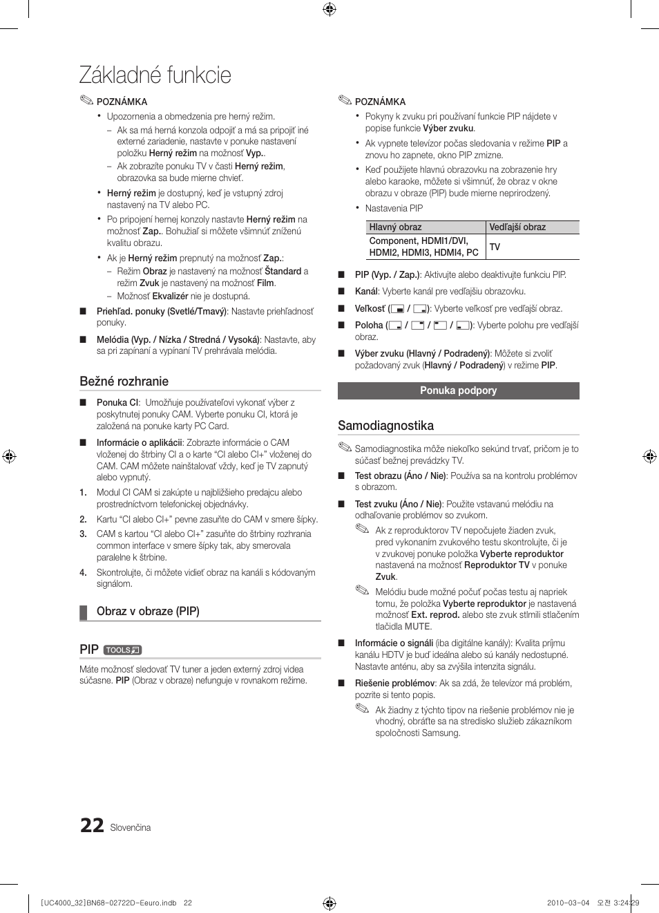 Základné funkcie, Bežné rozhranie, Samodiagnostika | Samsung UE32C4000PW User Manual | Page 330 / 441