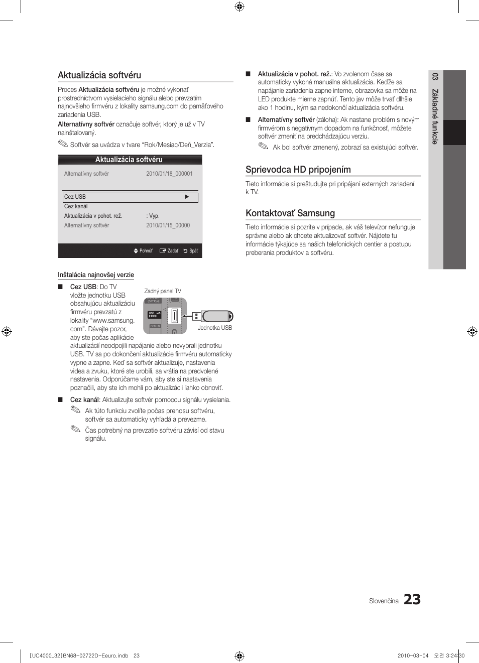 Aktualizácia softvéru, Sprievodca hd pripojením, Kontaktovať samsung | Samsung UE32C4000PW User Manual | Page 331 / 441