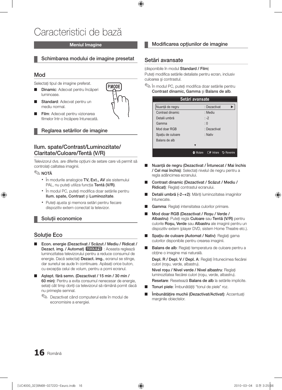 Caracteristici de bază, Soluţie eco, Setări avansate | Samsung UE32C4000PW User Manual | Page 368 / 441