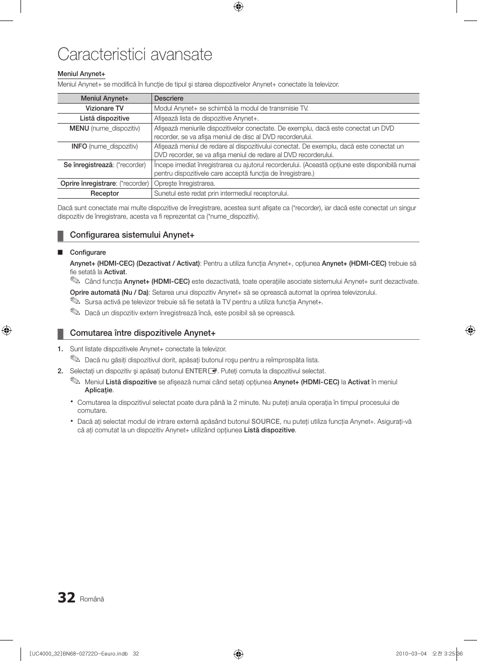 Caracteristici avansate | Samsung UE32C4000PW User Manual | Page 384 / 441