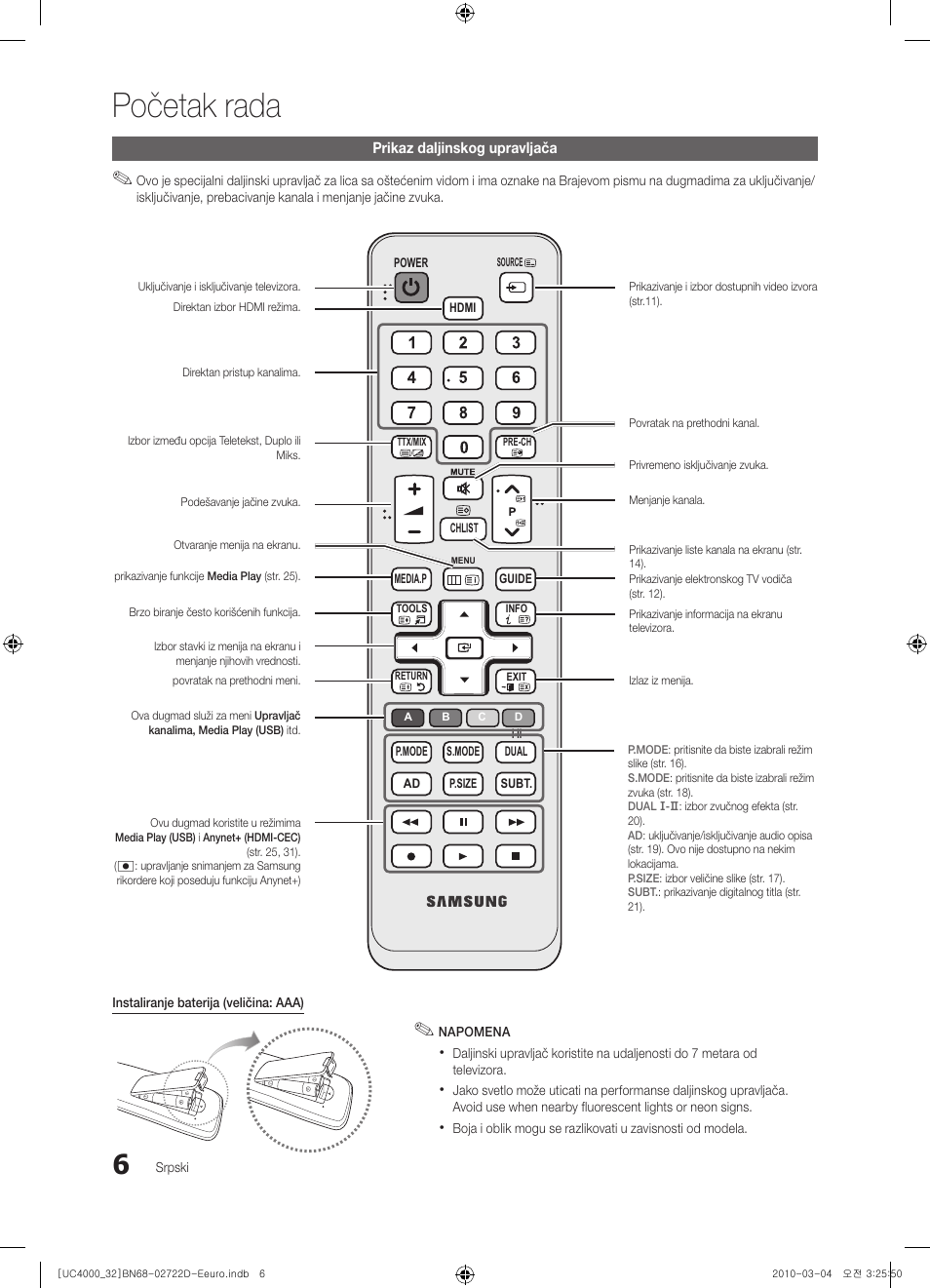 Početak rada | Samsung UE32C4000PW User Manual | Page 402 / 441