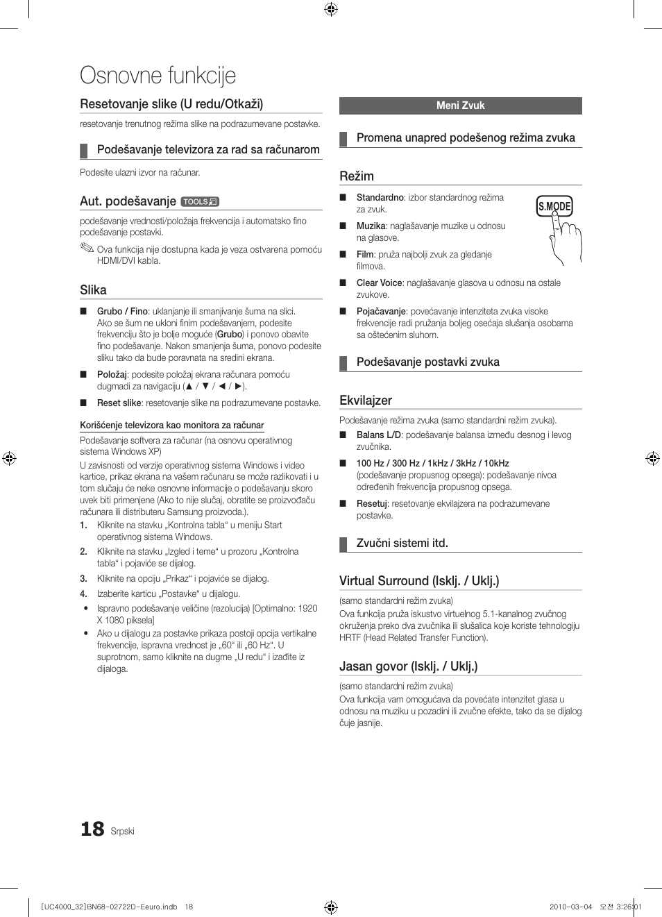 Osnovne funkcije, Resetovanje slike (u redu/otkaži), Aut. podešavanje | Slika, Režim, Ekvilajzer, Virtual surround (isklj. / uklj.), Jasan govor (isklj. / uklj.) | Samsung UE32C4000PW User Manual | Page 414 / 441