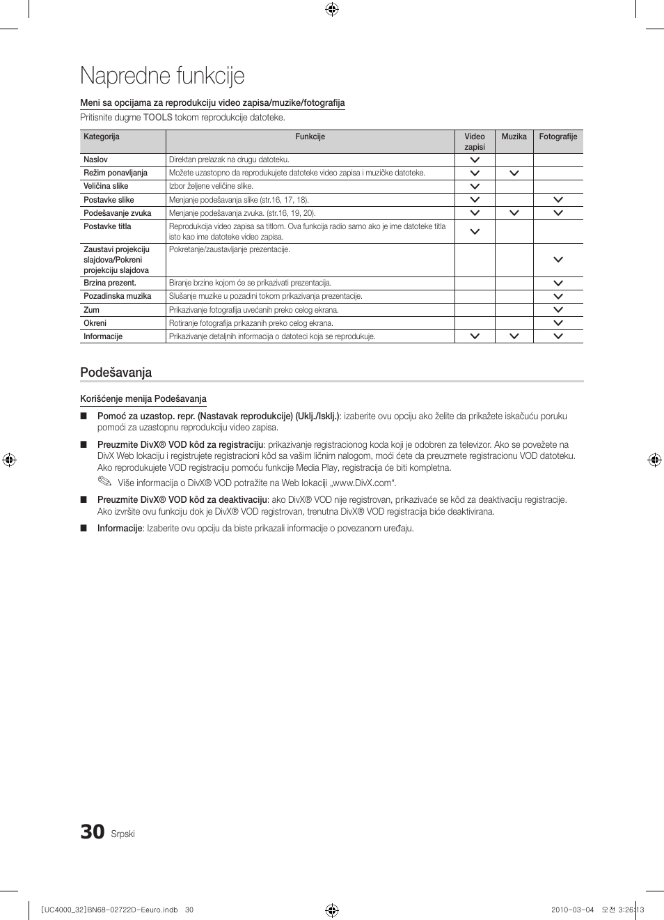 Napredne funkcije, Podešavanja | Samsung UE32C4000PW User Manual | Page 426 / 441