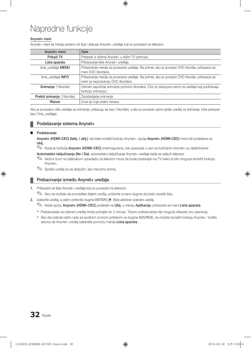 Napredne funkcije | Samsung UE32C4000PW User Manual | Page 428 / 441