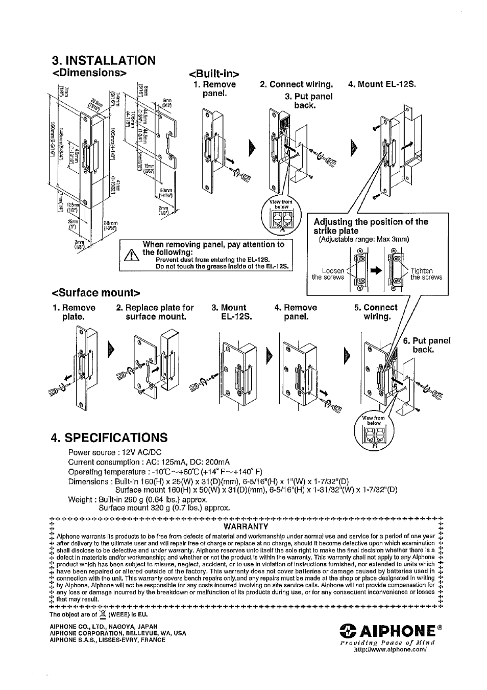 Aiphone, 3, installation <dimensions> <built-in | Aiphone EL-12S User Manual | Page 2 / 2