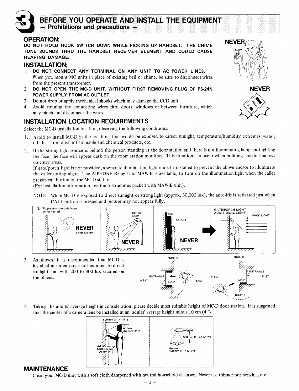 Prohibitions and precautions, Operation, Installation | Installation location requirements, Before you operate and install the equipment | Aiphone MC-D User Manual | Page 2 / 4