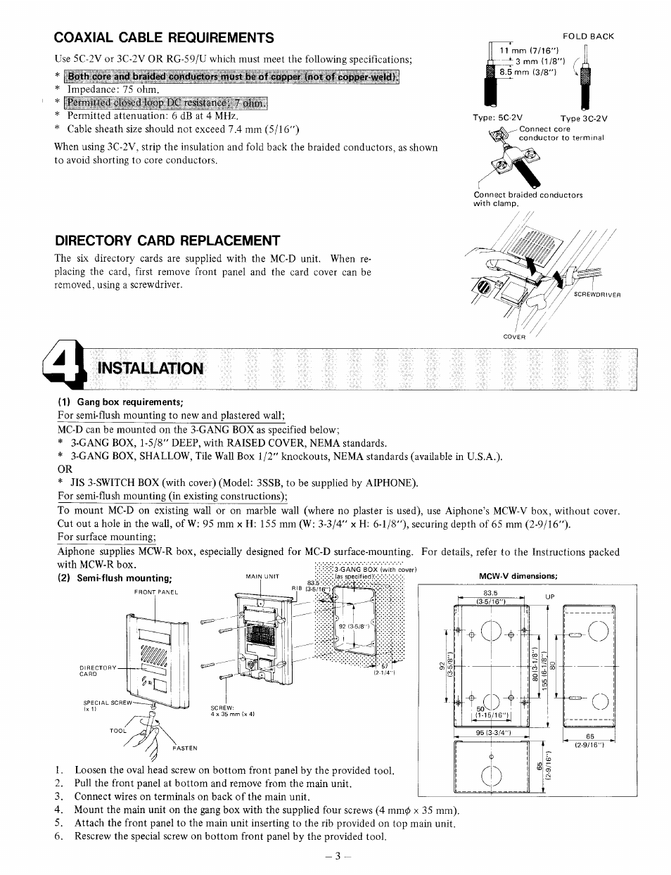 Coaxial cable requirements, Directory card replacement, Installation | 1) gang box requirements | Aiphone MC-D User Manual | Page 3 / 4