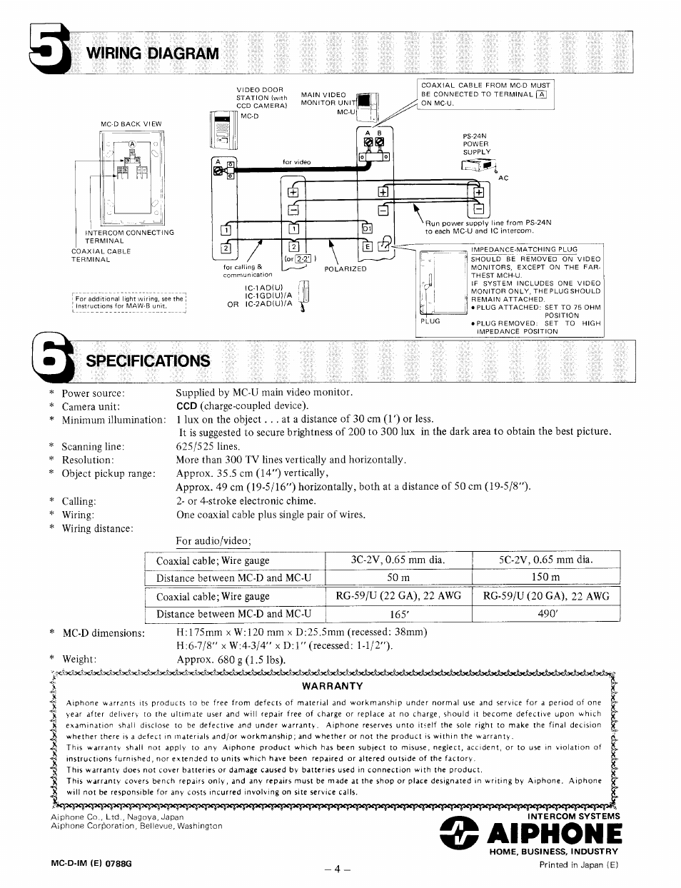 Wiring diagram, Specifications, Warranty | Aiphone | Aiphone MC-D User Manual | Page 4 / 4