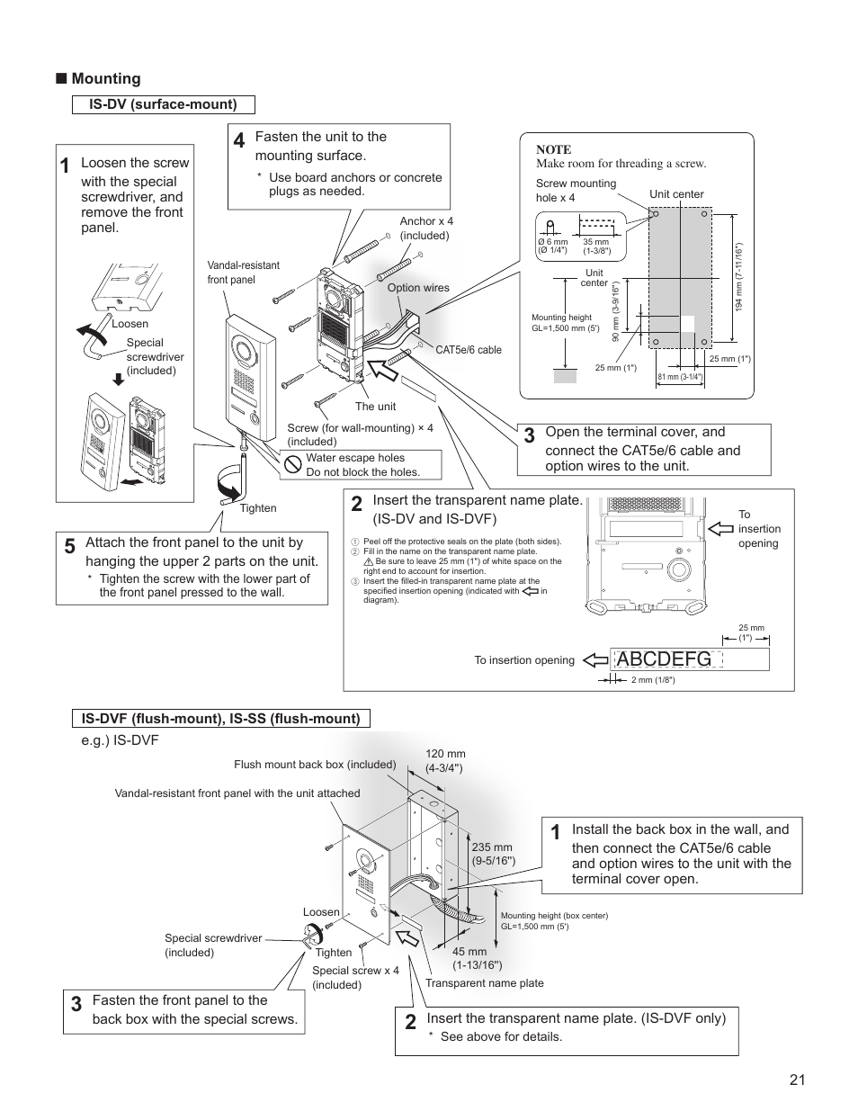 Abcdefg, Mounting | Aiphone IS SERIES 834168 C P0811JZ User Manual | Page 21 / 28