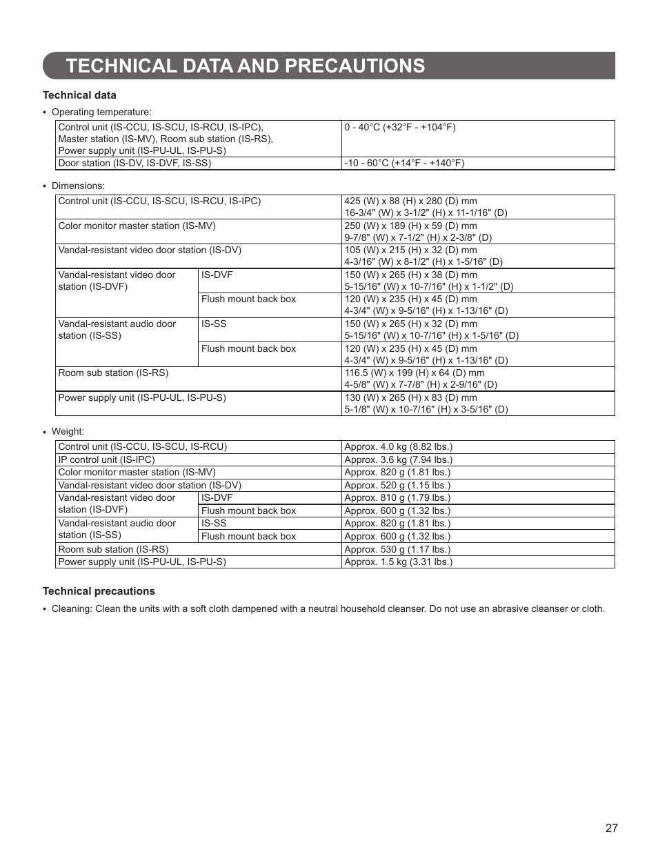 Technical data and precautions | Aiphone IS SERIES 834168 C P0811JZ User Manual | Page 27 / 28