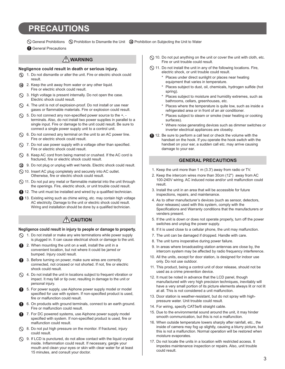 Precautions | Aiphone IS SERIES 834168 C P0811JZ User Manual | Page 3 / 28