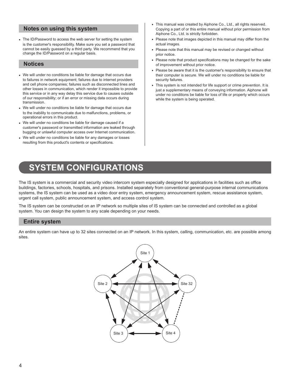 System configurations, Entire system, Notices | Aiphone IS SERIES 834168 C P0811JZ User Manual | Page 4 / 28