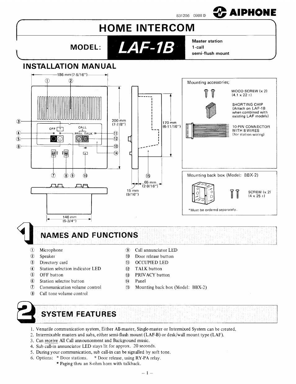 Aiphone HOME INTERCOM LAF-1B User Manual | 4 pages