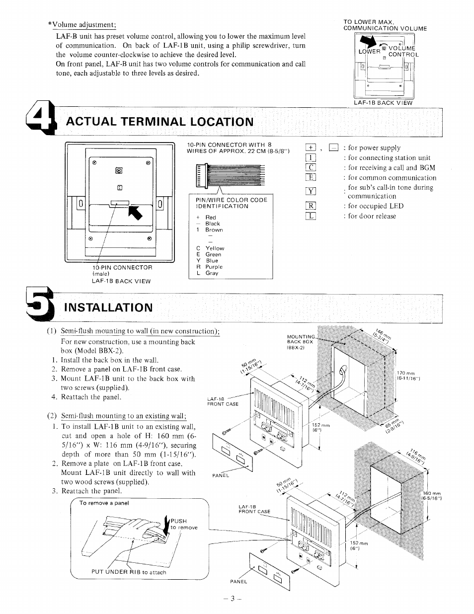 Actual terminal location, Installation | Aiphone HOME INTERCOM LAF-1B User Manual | Page 3 / 4