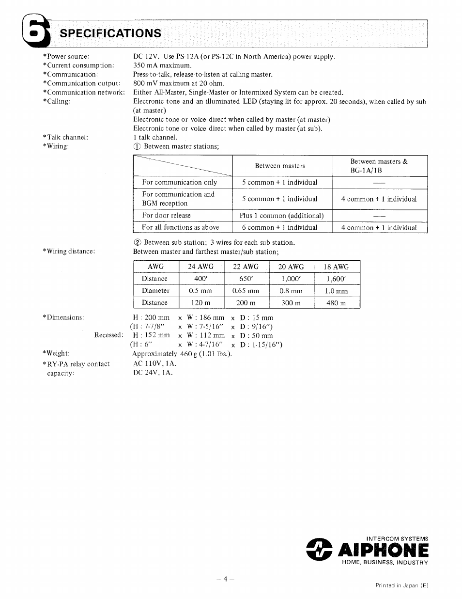 Alphone, Specifications | Aiphone HOME INTERCOM LAF-1B User Manual | Page 4 / 4