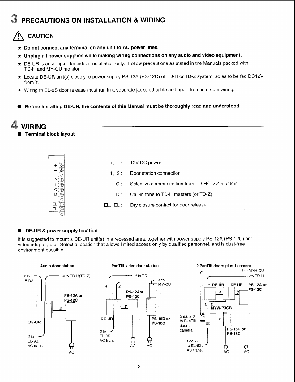 3 precautions on installation & wiring, T\ caution, T wiring | De-ur & power supply location, Precautions on installation & wiring | Aiphone DE-UR User Manual | Page 2 / 4