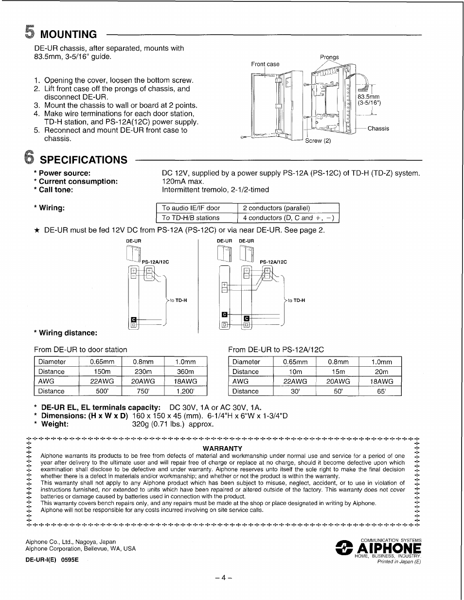 Wiring, Wiring distance, Aiphone | Mounting, Specifications | Aiphone DE-UR User Manual | Page 4 / 4