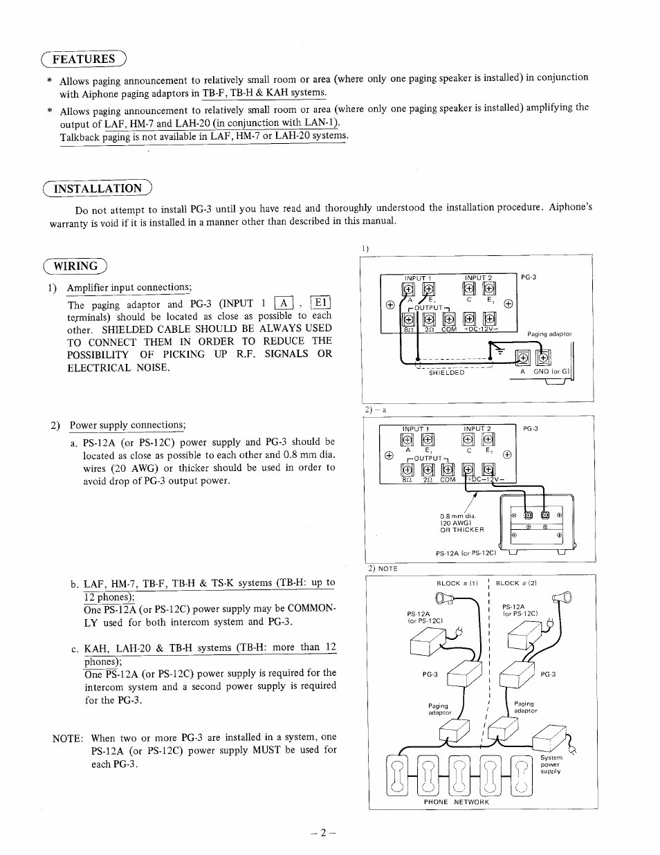 Features ), C installation ) | Aiphone PG-3 User Manual | Page 2 / 8