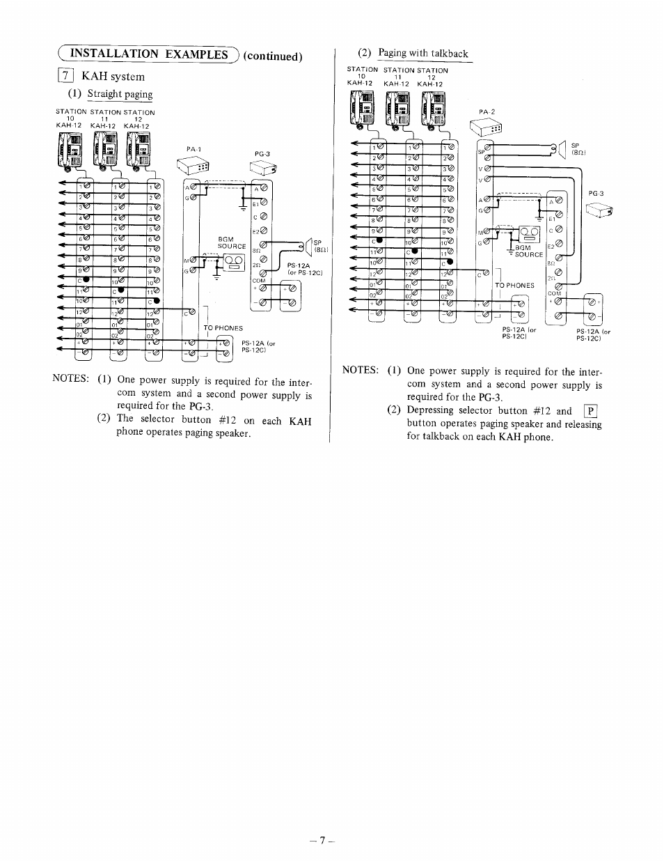 Installation examples^) (continued) kah system, 1) straight paging, 2) paging with talkback | Aiphone PG-3 User Manual | Page 7 / 8