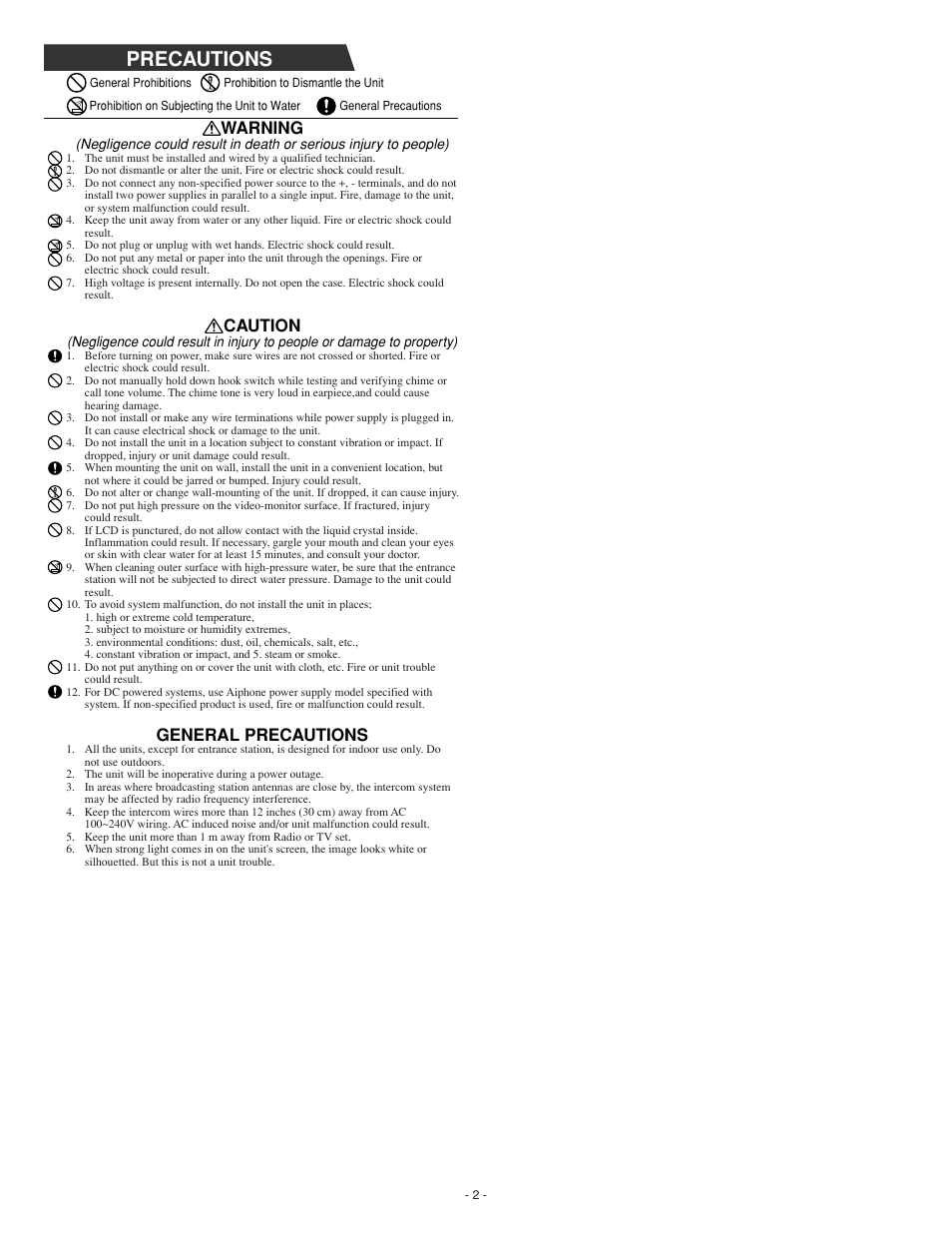 Precautions, Warning, Caution | General precautions | Aiphone GH SERIES 0207 AIC User Manual | Page 2 / 47