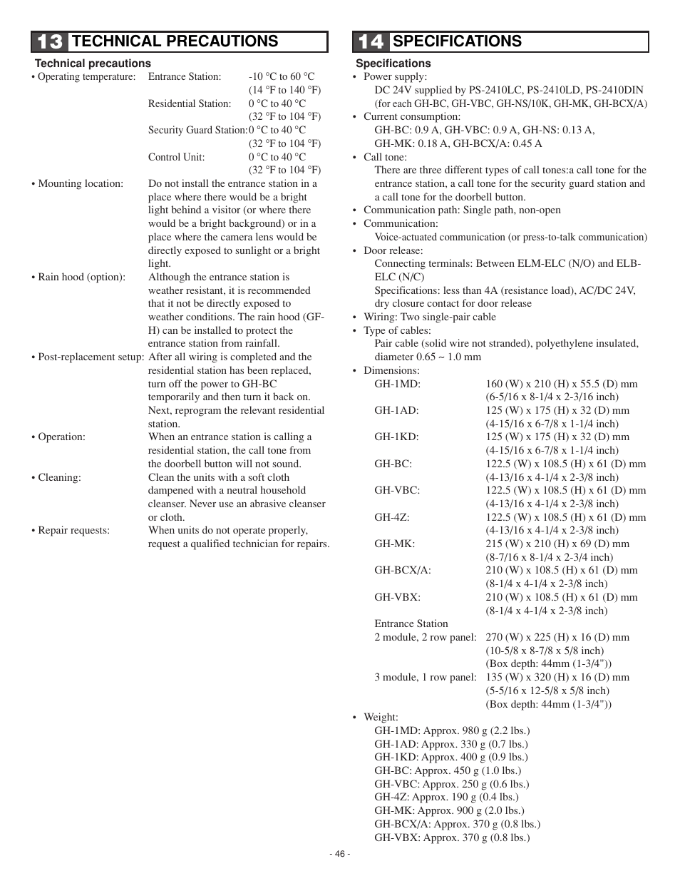 Technical precautions, Specifications | Aiphone GH SERIES 0207 AIC User Manual | Page 46 / 47